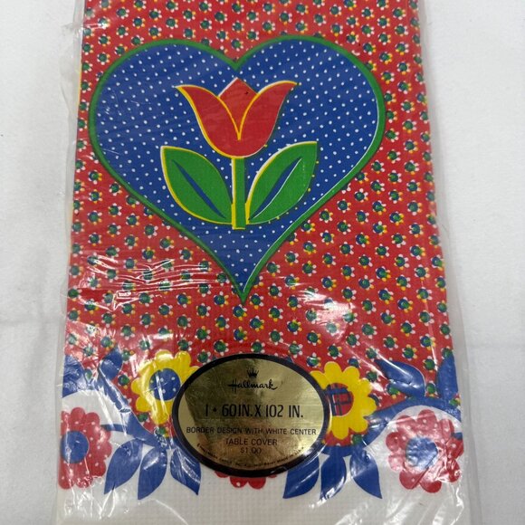 Vintage Hallmark Tulip Floral Table Cover 60X102 Red Blue Border Tablecloth New - Picture 3 of 4